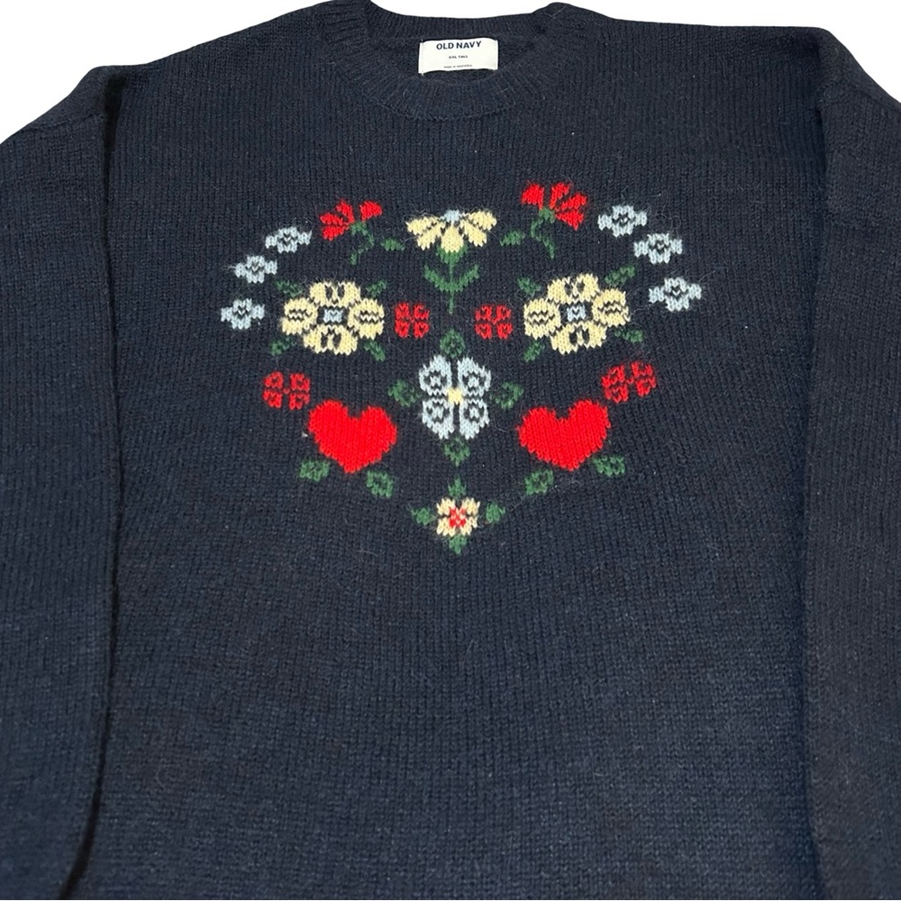 NWT! Old Navy, NAVY Blue  Floral Heart Crewneck Sweater w/ Red & Cream Motif,XXL - Picture 11 of 12